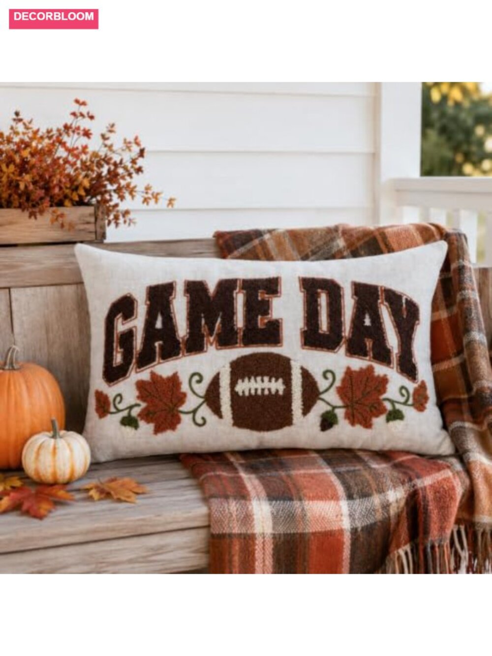 Football Embroidered Lumbar Pillow Cover 12x20 Cotton Linen Blend Fall Decor